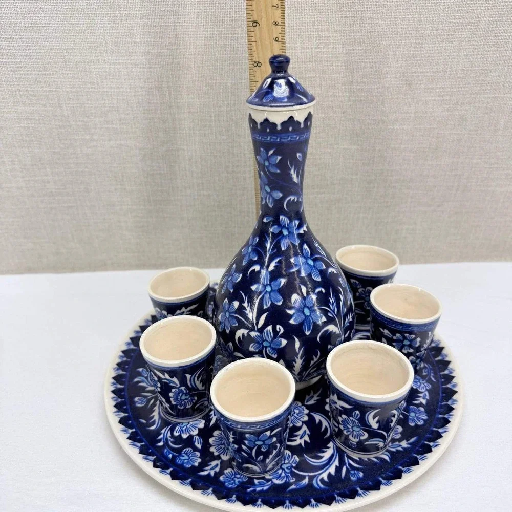 Kutahya Turkish Ceramic Decanter Set 8pc Blue White Floral Yildiz Cini Fb